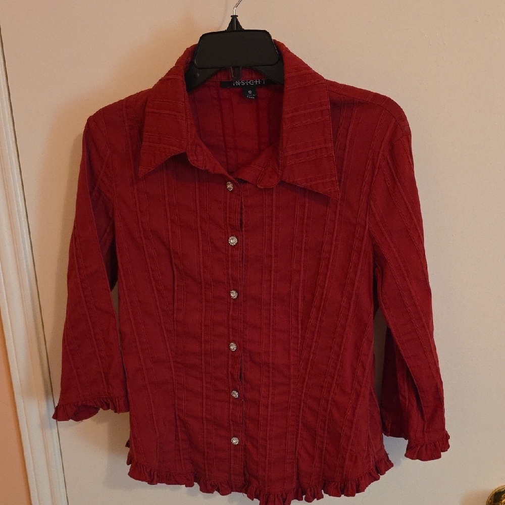 Insight Red 3/4 Sleeve Ruffled Button Down Shirt